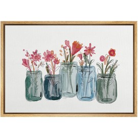 SIGNLEADER Framed Canvas Print Wall Art Magenta Peony and Tulips in Class Vases Nature Plants IIIustrations Modern Art Chic Portrait Colorful Pastel for Living Room, Bedroom, Office - 16"x24" NATURAL