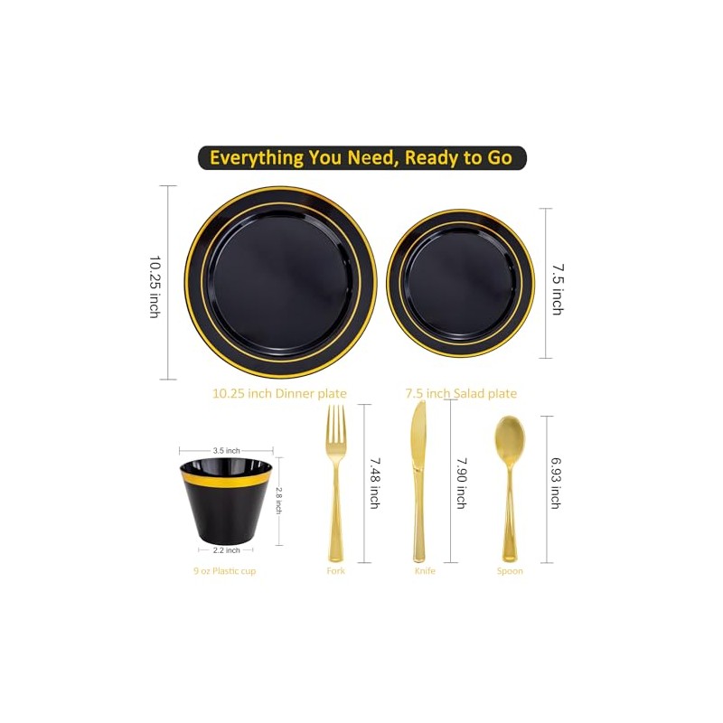 WELLIFE 210PCS Black and Gold Plastic Plates - Plastic Dinnerware