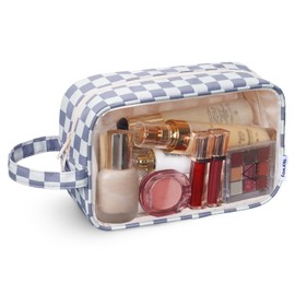 Narwey Checkered Clear Makeup Bag Cosmetic Bag with Zipper for Travel, Clear Toiletry Bags for Traveling Toiletries Wome Men, Make Up Pouch with Handle, Skincare Bag (Grayish Blue Checkerboard)