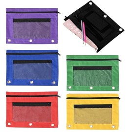 Kakalote - Estuche para lápices para carpetas de 3 anillos, 6 unidades, bolsa para lápices con cierre de doble bolsillo, con ventana transparente y 3 ojales reforzados, 6 colores