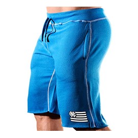 Monsta Clothing Co. Pantalones cortos de entrenamiento para culturismo (MC-CrestFlag) para hombre, Pantalón corto azul con arte blanco/negro, XX-Large
