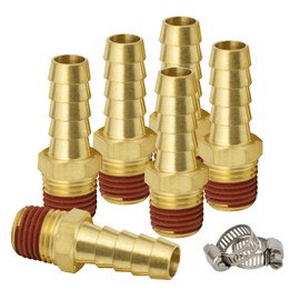 SUNGATOR 6-Pack Air Hose Fittings, 1/4" NPT to 3/8" Barb, Male Threaded End Fitting, Brass Air Tool Hose Barb Pipe Line Fittings Connectors with Sealant, 6 Pcs Hose Clamps