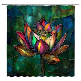 Vintage Stained Glass Shower Curtain for Bathroom,70x70 Inch,with Hooks