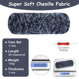 AUAUY Velvety Baby Wool, Velvet Wool 300 g (3 x 100 g), Velvet Chenille Yarn, Cuddly Soft Chenille Yarn, Fluffy Soft Plush Wool, Crochet Yarn Wool for Knitting, Crochet Accessory, Clothing, Blankets,