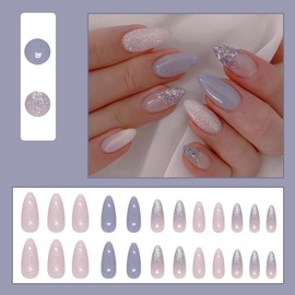 Light Blue Press on Nails Medium Almond QUNQINLI Ombre False Nails Glossy Acrylic Fake Nails Press Ons with Glitters Design Gel Glue on Nails Nuede Pink Stick on Nails for Women 24 Pcs
