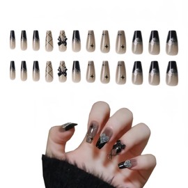 MAEXUS Nail Tips Gal 24 Pieces Finger Suit Nail Tips Nail Tips Unique Design Trapezoid Style Called Mines Fingernails Nail Tips Long Black Dark Night Starry Sky