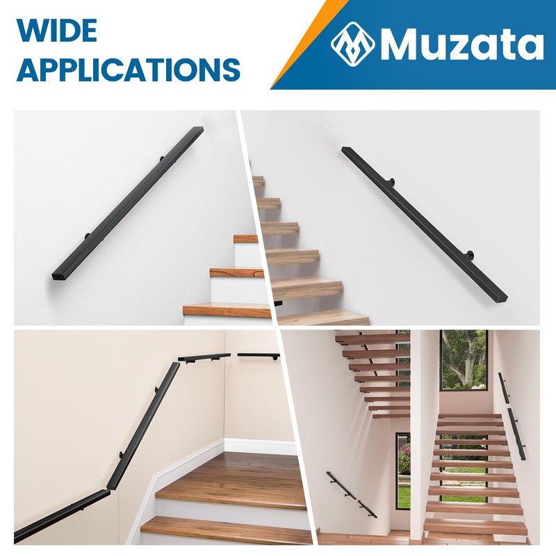 Muzata 5Ft Pre-drilled Stair Handrail 1"x2" Rectangular Black Finish Wall