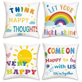 COZZSNUGE Colorful Kids Cushion Covers Rainbow Sun Inspirational Quotes Velvety Decorative Pillowcases for Sofa Bed Kid Room Classroom Home 45 x 45 cm Set of 4