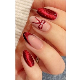 JMEOWIO Gel Nail Stickers Red Bow Cat Eye Semi Cured Gel Nail Strips Wraps UV/LED Nails Art Design Decoration Accessories