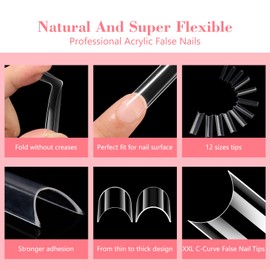 Clear Square 240PCS XXL Extra Long C Curve False Nail Tips for Acrylic Nails Professional, Half Cover Straight Nail Tips, Artificial Nails Extension Fake Nail Tips 12 Sizes