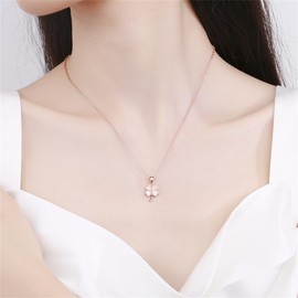 IMINI Four Leaf Clover Necklace Rose Gold Pink Cat Eye Stone Pendant Zircon Necklaces S925 Sterling Silver Healing Crystal Necklace Adjustable Exquisite Happiness Birthday Wedding Jewellery, Sterling