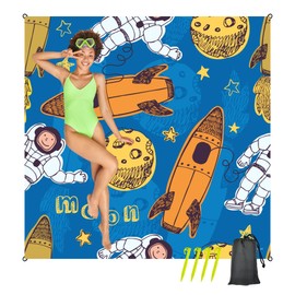 Oversized Sandproof Beach Blanket (83"x81"), Extra Large Beach Sheet for Up to 6 People. Sandfree Beach Mat, Big Sand Blankets for Beach with Sand Bags and Stakes. (Space-Person)