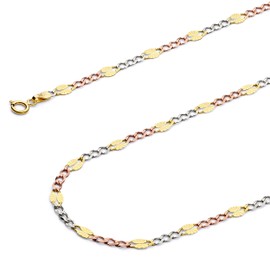14k REAL Tri Color Gold Solid Men's 3.5mm Stamp Figaro 3+1 Diamond Cut Chain Bracelet with Spring Ring Clasp - 7.5"