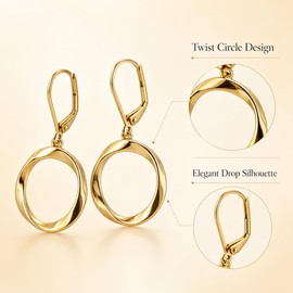 Chillyfar 14K Gold Dangle Earrings for Women, Round Twist Dangling Leverback Earrings, Gold Hypoallergenic Lightweight Circle Dangly Drop Earings for Women Minimalist Jewelry Gifts, Mobius Design