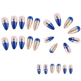 Press on Nails Long Artificial Acrylic Fingernails Glitter Diamond Golden Lines Design Square False Nail Purple Gradient French False Nail Full Cover Reusable Coffin Glue on Nails for Women 24Pcs