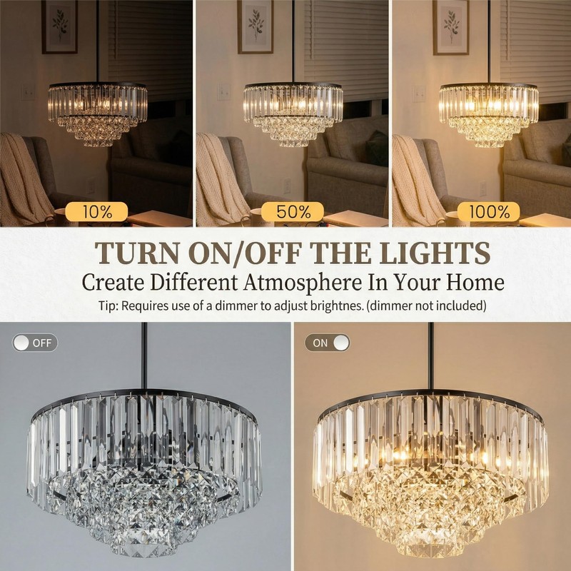 Helitemis Modern Tiered Crystal Chandelier, Black Modern Pendant Light with