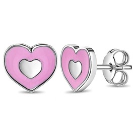 925 Sterling Silver Small Pink Enamel Heart Push Back Earrings For Little Girls - Adorable Heart-Shaped Butterfly Back Earrings For Young Girls - Pretty in Pink Heart Earrings for Girls