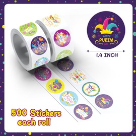 1000Pcs Happy Purim Sticker Rolls,20 Styles Round Purim Gift Wrapping Decoration Sticker,Happy Purim Self-Adhesive Sticker, Purim Party Favors Classroom Prizes Activities Incentive