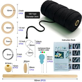 Macrame Sets for Adults Macrame kit for Making Plant Hangers with Wooden Beads Macrame Rings Metal Ring Macrame Rope Black 3mm 100M Black Macrame String