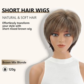 SEVENCOLORS Short Hair Wigs with Bangs Dark Brown Mixed Blonde Pixie Cut Wig for Women Straight Synthetic Fiber Wigs