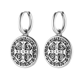 HZMAN St Benedict Cross Dangle Drop Earring for Men Retro Stainless Steel Round Exorcism Medal Hinged Huggie Hoop Earring Jewelry Gift
