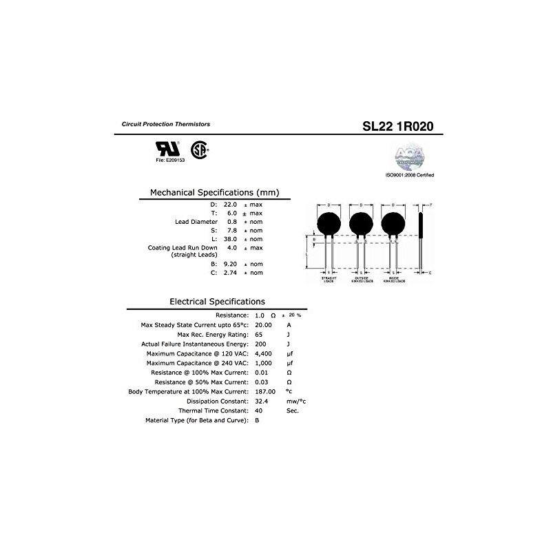 Ametherm SL22 1R020 (Pack of 2) NTC THERMISTOR,ICL 1 OHM