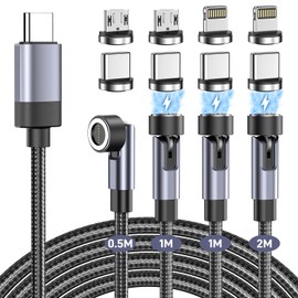 Magnetic Charging Cable, Rapid, 3-in-1, 60W, PD Compatible, 7 Pins, Set of 4, 0.5 m + 1 m + 1 m + 2 m, 360° + 180° Rotation, Magnet, Dustproof, One-Handed Operation, Type C, PD Cable, Compatible with