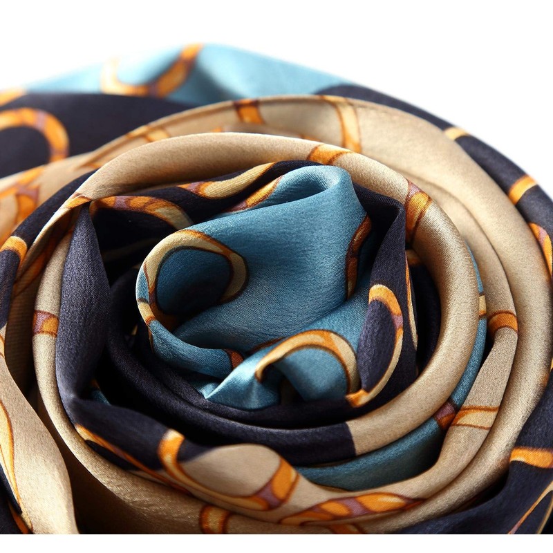 Bufanda larga de seda, estampado floral y gráfico, Blue Taupe