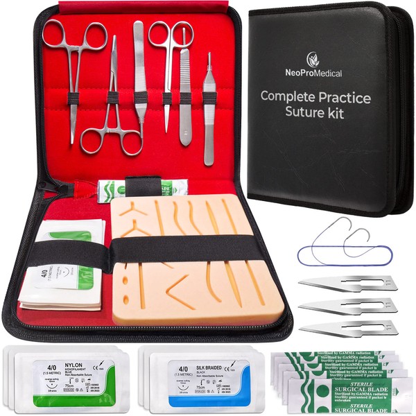 Complete Sterile Suture Practice Kit for First Aid Field Emergency and Medical Students Training - Including Large Silicone Suture Pad and Sterilized Suture Tools Threads and Needles