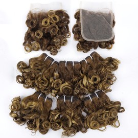 4/27 Short Wavy Curly Bundles with Closure Brazilian P4/27 Wavy Curly 6 Bundles with 4x4 Lace Closure Brazilian Unprocessed Wavy Curly 100% Human Hair Bundles and Closure 25g/bundle(8 8 8 8 8 8+8)