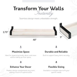 InPlace Wall Mounted Floating Shelf, Real Wood Industrial Bracket Ledge, 5" D x 48" W x 2.75" H, Distressed White, Heavy-Duty for Living Room, Bathroom, Kitchen, Office 9602118E