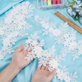 PLIGREAT 2 Pairs White Lace Floral Embroidered Applique, Beaded Rhinestone Flower Applique Patches Sewing On Patches Fabric Appliques for DIY Wedding Brides Dresses Tailors Shop Clothes Accessories