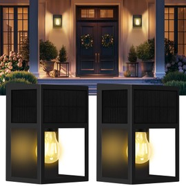 SHONELIGHTING Outdoor Solar Wall Lights, Exterior Waterproof Lanterns, Stainless-Steel & Tempered Glass Shades, Modern Black Porch Wall Sconce for Front Door Entryway, Fence, Yard, Warm White 2Pk