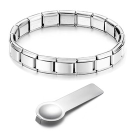 UNY JEWEL Shiny 9mm Italian Charm Starter Bracelets 18 Links DIY Customization Elastic Interlocking Stainless Steel Modular Charm Bracelet Link (Shiny With Tool)