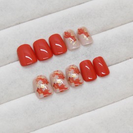 Press on Nails Short Square Gold Fish Design False Nails Orange Artificial Nails Full Cover Gold Glitter Powder Nails Acrylic Coffin Nails Reusable Glue on Nails DIY Stick on Nails for Women 24Pcs