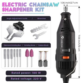 Electric Chainsaw Sharpener Kit 180W Power Chain Saw Sharpen Tool Set with 6 Diamond Sharpening Wheels, Angle Attachment, Wrench for Sharpening Outdoor Gardening Tool 5 Speed Setting, 8000~35000 RPM