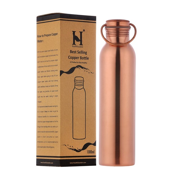 Pure Copper Matte Finish Bottle with Handle, UNLINED, UNCOATED and LACQURED-FREE, 1000 Ml (33.81 Fl Oz) Capacity For Ayurveda Health Benefits