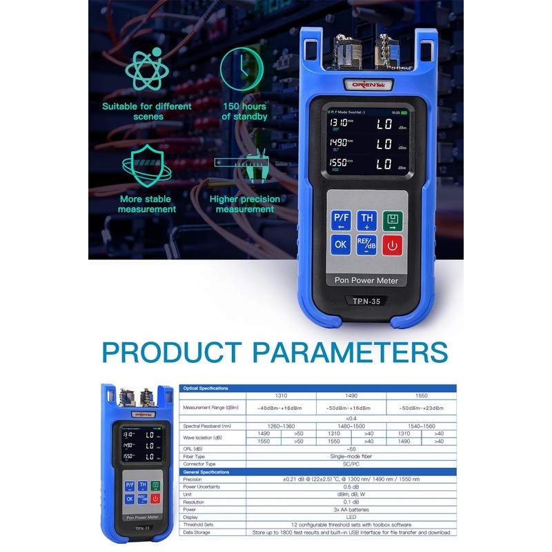 SC/APC PON Optical Power Meter, 1310/1490/1550nm Fiber Optic Power Tester,