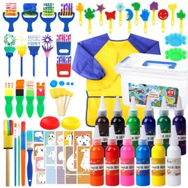 65 Pack Washable Kids Finger Paint Set with 12 Color Finger Paints, Sponges, Paint Brushes, Waterproof Paint Smock, Palettes, Cards, Storage Box, Washable Finger Paint setfor Toddler Early Learning Kids