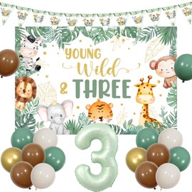Sursurprise Safari 3rd Birthday Decorations for Boy Girl, Sage Green Brown Young Wild and Three Backdrop Triangle Flags Banner, Jungle Balloons, Three Year Old Animal Birthday Party Supplies