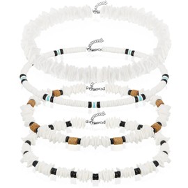 Bonuci 4 Pcs Puka Shell Necklace for Men Surfer Seashell Necklace Choker Summer Beach Hawaiian Puka Choker with Clam Chip Beads for Women Jewelry(Bright Color)