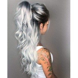 Synthetic Wig 24 Inch Long Curly Hair Wigs Ombre Silver Grey Wavy Natural Looking Long Heat Resistant Daily Wig (Silver Gray)