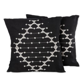 NOVICA Artisan Handmade Cotton Cushion Covers Patterned Black White Pair India Pillows Throws Geometric [15.75in L x 15.75in W] ' Starlit Galaxy' Pair
