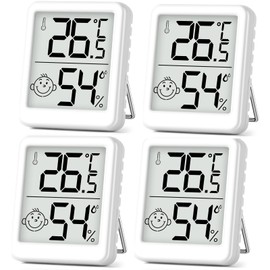 PAIRIER Humidity Meter Indoor Thermometer 4 Pieces Digital Mini LCD Thermometer Hygrometer with Smiley Indicator Gauge for Baby Room Senior Room Study Wine Cellar etc