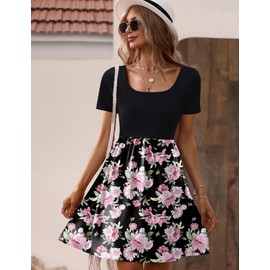 Zeagoo Women's Summer Dresses with Pockets Short Sleeve Square Neck Flowy A Line Casual Boho Floral Patchwork Mini Sun Dress