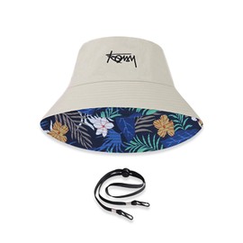 LumiSyne Unisex Reversible Fishing Hat Plain with Letters Embroidery/Hawaiian Style Print Double-Sided Cotton Bucket Hat with Removable Chin Strap Foldable Bucket Hat Sun Hat for Summer Beach Travel,