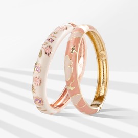 UJOY Elegant Bracelet Gold Plated Enameled Jewelry Spring Hinge Metal Cuff Flower Heart Cloisonne Bangles Set Gift Box Packed 55A18-55A45 cream pink