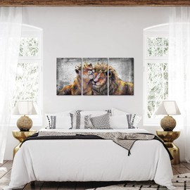 VANSEEING 3 Pieces Animal King Queen Canvas Wall Art Lion and Lioness with Crown Grey and Gold Romantic Couple Artwork for Bedroom Modern Home 16x24inchx3pcs