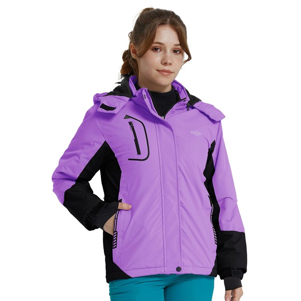 Wantdo Girls' Ski Jacket Waterproof Warm Snow Jacket Winter Coat Windproof Insulated Fleece Jacket Snowboard Mountain Jacket, purple