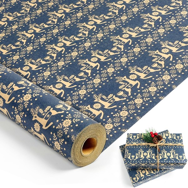 Christmas Wrapping Paper Roll, Navy Blue Kraft Wrapping Paper, 17